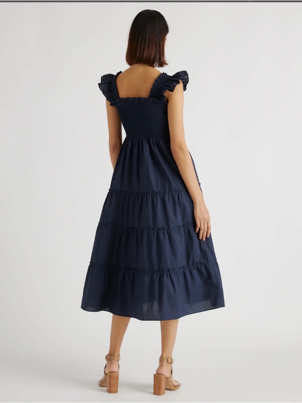 Quince Blue Organic Cotton Smocked Midi Dress Tiered Ruffle Boho Size XL NWT - Picture 5 of 9